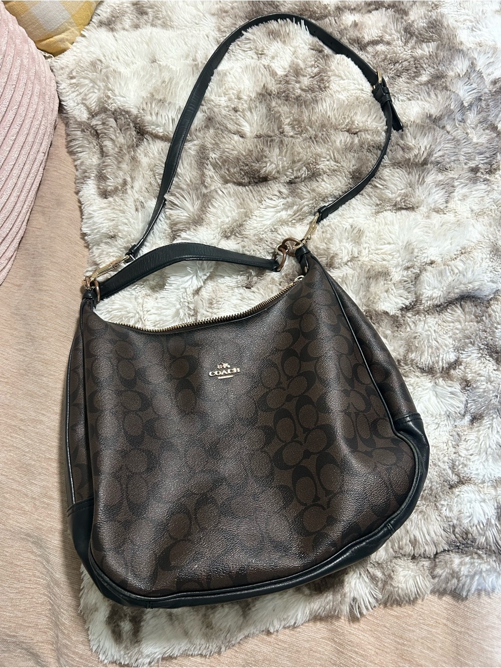 Coach Signature Brown & Black Crossbody Hobo Bag F58328 Gold Hardware - Picture 1 of 9
